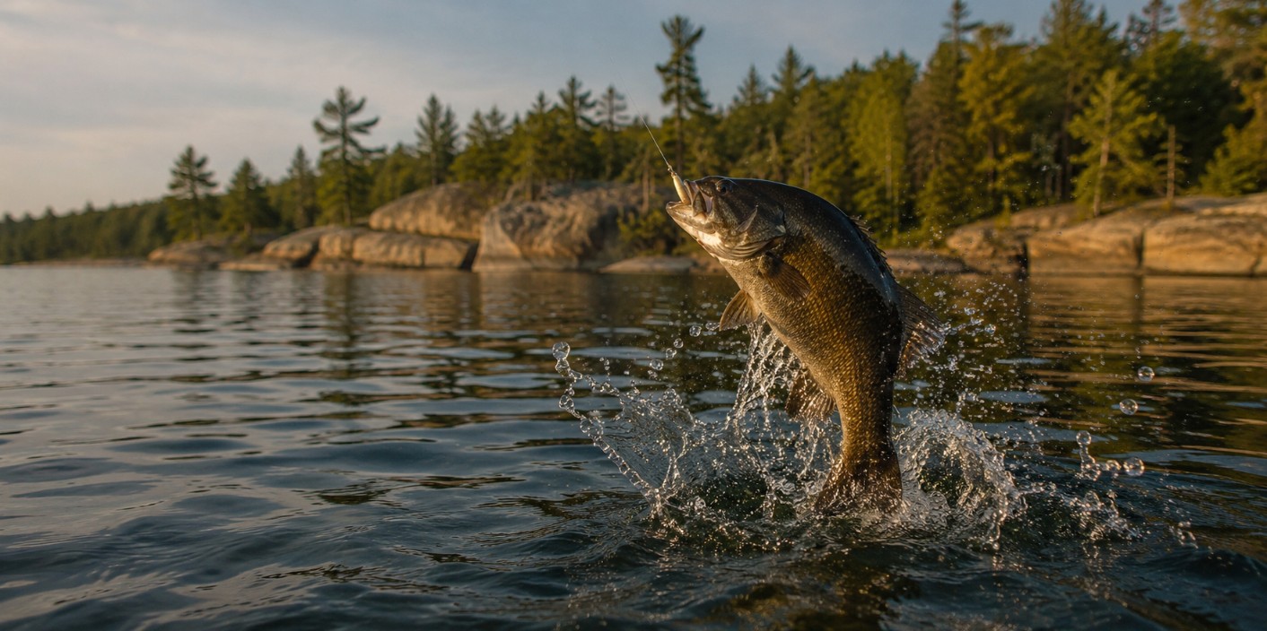 Bronze smallmouth bass leaping from clear Ontario water