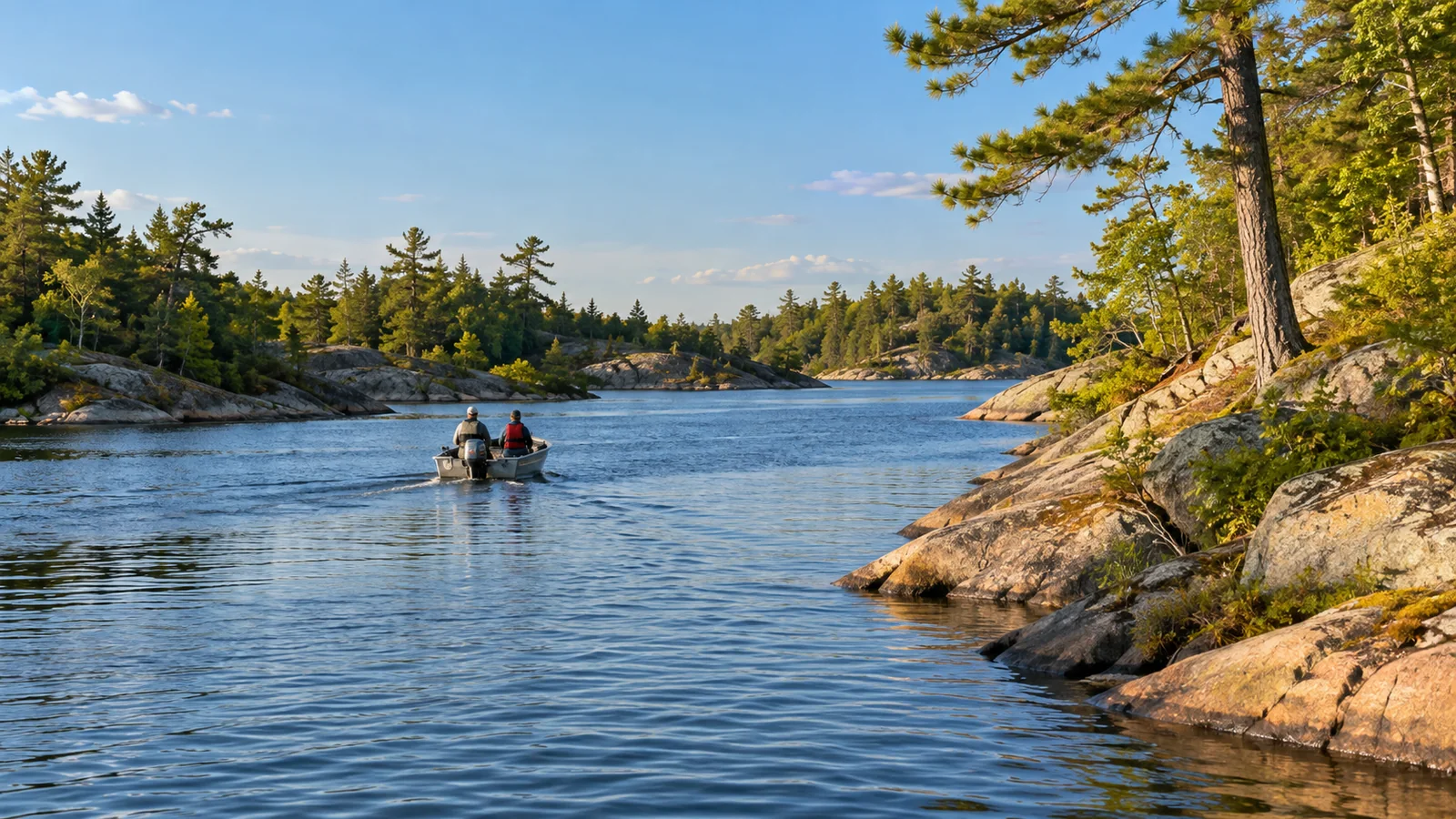 Generated scene of a fishing boat in a winding river channel with granite shores and pines