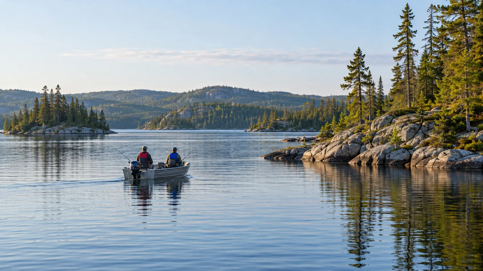 Generated scene of anglers in a boat on a pine-lined Canadian Shield lake