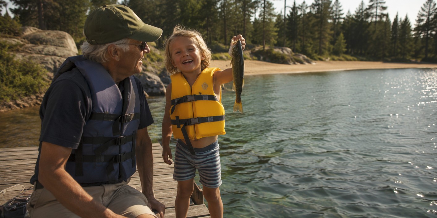 Child holding a first fish at a family-friendly Ontario lake dock