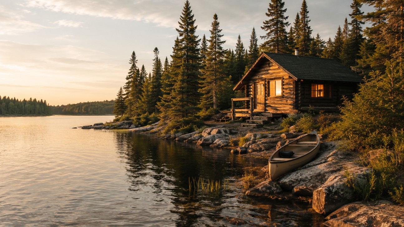 Cozy remote outpost cabin on a quiet Ontario lake at golden hour