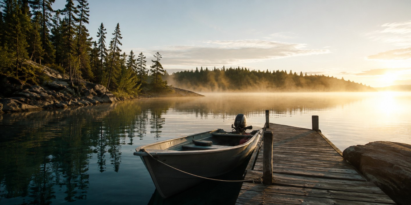 Calm Northern Ontario lake at sunrise with a boat and dock