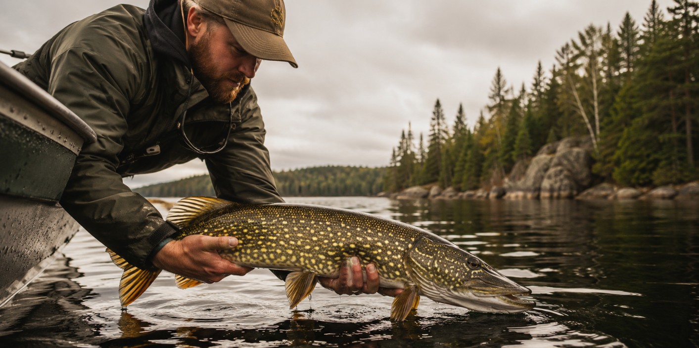 Large Northern Ontario pike held horizontally beside a boat