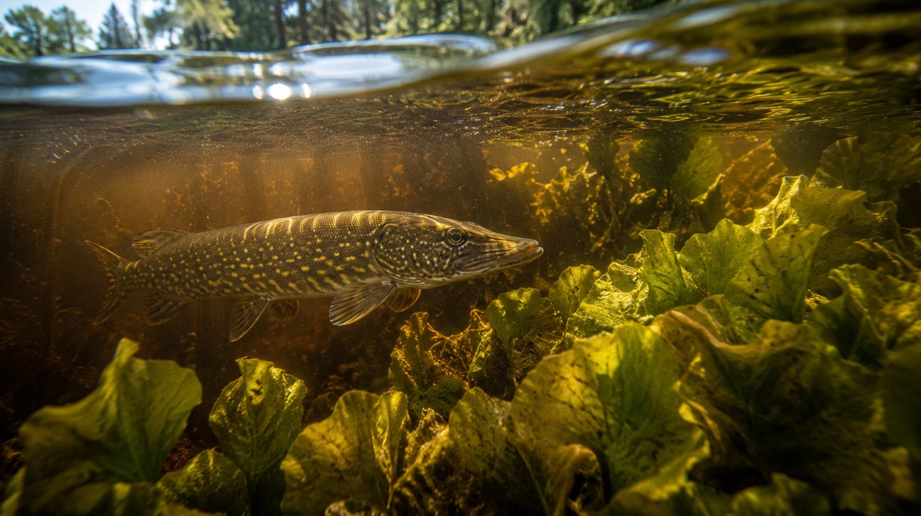 Northern pike striking near a green cabbage weed bed in clear Ontario water