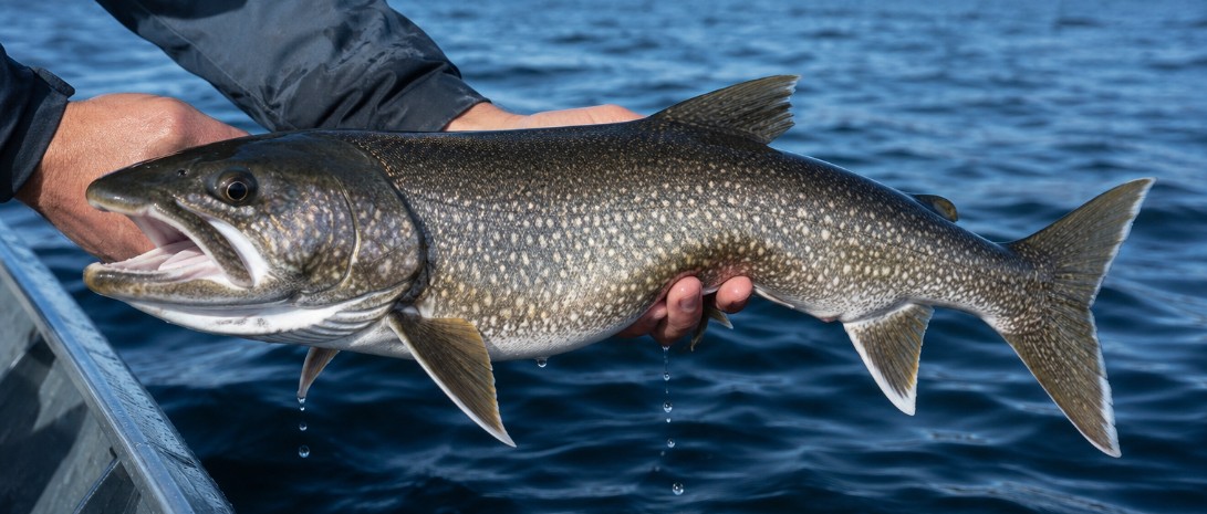 Angler lifting a large Ontario lake trout from deep clear water