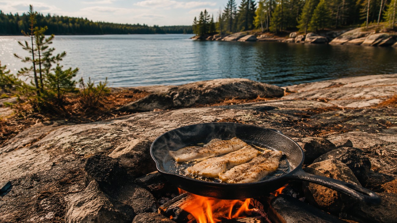 Classic Ontario shore lunch of fresh walleye cooking in a pan by the lake